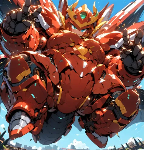 (((1 chibi boy in large robot costume, from below))), (smile face:1.5), (full helmet but open face area:2.0), (full helmet:2.0), 1boy, male child, (chibi), (bulky:1.8), (megaman face:1.5), (mechanical parts:1.3), (full dragonic armor:1.8), (mecha armor:1.8...