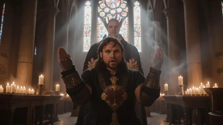 A powerful exorcist stands at the threshold between light and darkness, face illuminated by candlelight, hands raised in prayer, ornate religious symbols etched into leather gauntlets, determination in their eyes, tattered priestly robes billowing, ancient...