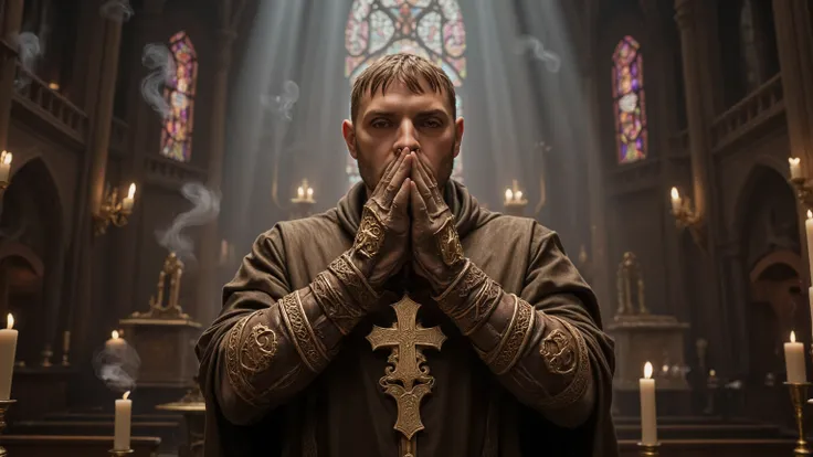 A powerful exorcist stands at the threshold between light and darkness, face illuminated by candlelight, hands raised in prayer, ornate religious symbols etched into leather gauntlets, determination in their eyes, tattered priestly robes billowing, ancient...