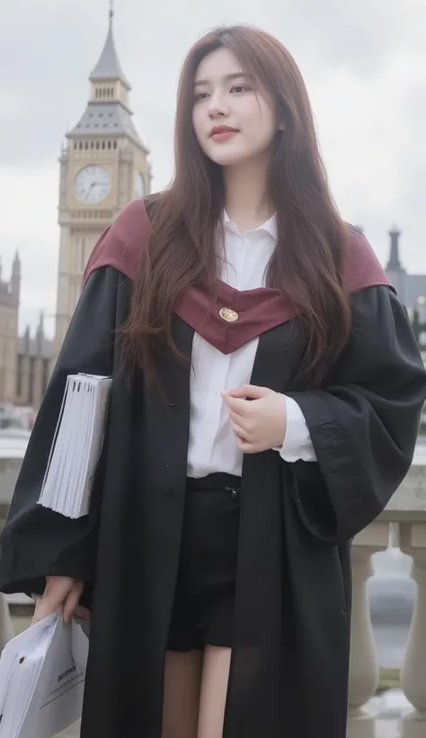 A portrait image shows a young Korean-Thai woman standing on the road in London.
She has a long, fluffy haircut, showing off her narrow forehead. She has a voluptuous figure. She is chubby-sexy. She has a dark cherry-red hair colour. She wears a graduatio...