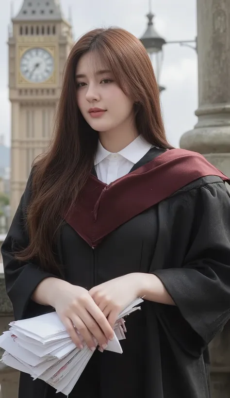 A portrait image shows a young Korean-Thai woman standing in London.
She has a long, fluffy haircut, showing off her narrow forehead. She has a voluptuous figure. She is chubby-sexy. She has a dark cherry-red hair colour. She wears a graduation gown. The ...