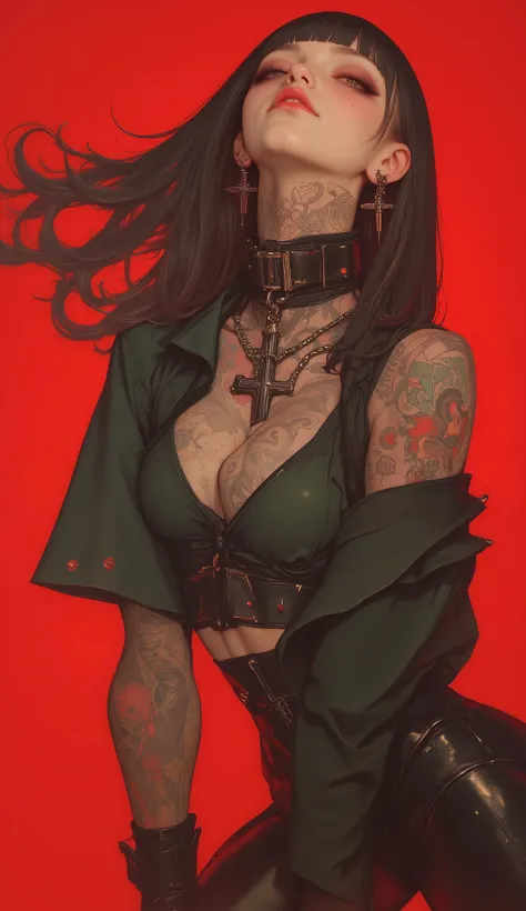 woman with straight black hair moving in the wind , She bangs herself to the eyebrows:1.4, with tattoos on arms and legs posing for a photo , Portrait of Kim Petras, ava max, dog collar with punk-style spikes on the neck, wearing spikes and piercing...