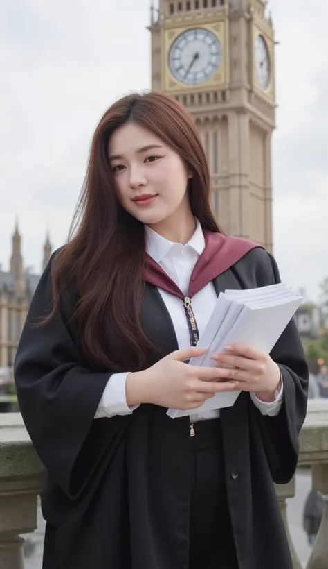 A portrait image shows a young Korean-Thai woman standing in London.
She has a long, fluffy haircut, showing off her narrow forehead. She has a voluptuous figure. She is chubby-sexy. She has a dark cherry-red hair colour. She wears a graduation gown. The ...