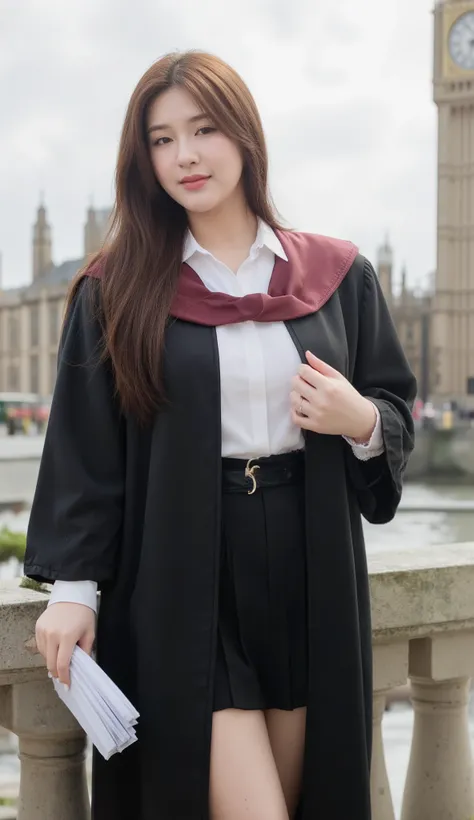 A portrait image shows a young Korean-Thai woman standing in London.
She has a long, fluffy haircut, showing off her narrow forehead. She has a voluptuous figure. She is chubby-sexy. She has a dark cherry-red hair colour. She wears a graduation gown. The ...