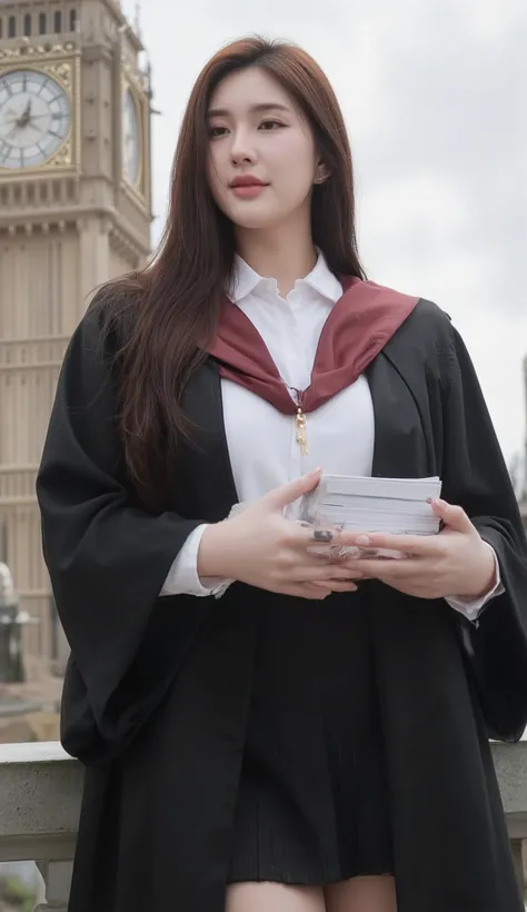 A portrait image shows a young Korean-Thai woman standing in London.
She has a long, fluffy haircut, showing off her narrow forehead. She has a voluptuous figure. She is chubby-sexy. She has a dark cherry-red hair colour. She wears a graduation gown. The ...