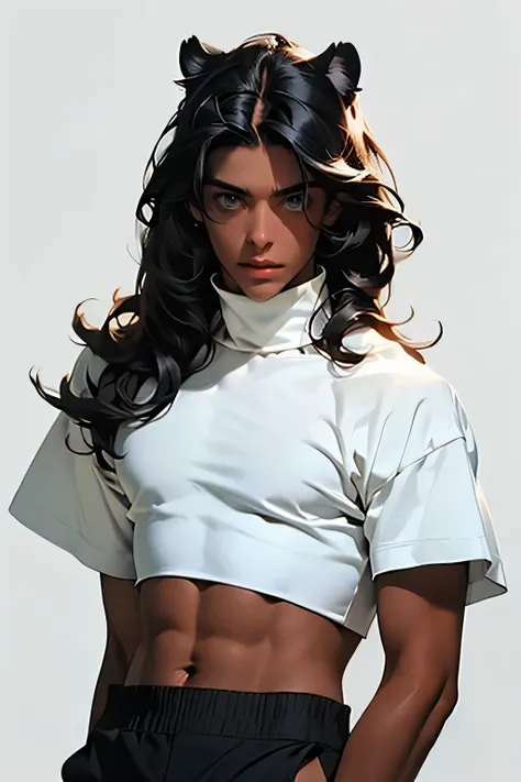 ((Handsome man:1)) , ((brown skin:1)), (((extremely long hair:1.5))) , ((black hair:1.3)) , ((male features:1.2)), full lips , light blue eyes, ((Skinny build)) ,effeminate , ((has a center part in hair:1.2)),((straight hair:1.3)) , ((crop top:1.5)), Bisho...