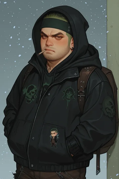 Semi realistic midjourney art style of a chubby young man with a round face and sunken in brown eyes. He has a green buzzcut hair style He has thick brown eyebrows and freckles along his face. He wears a pair of crust punk brown overalls that' are covered ...