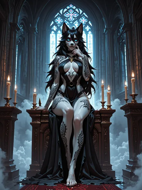 ultra highres, best quality, finely detail, female wolf anthro, exorcist priestess, torn white vestments revealing curves, lustful possessed expression, dual-colored eyes (one natural, one glowing demonic), arcane tattoos across fur, ritual dagger in hand,...