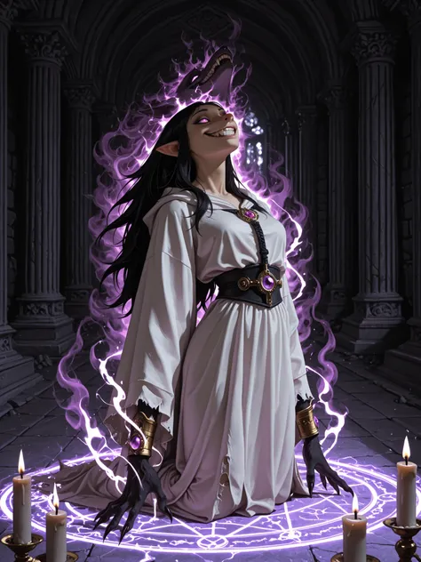 ultra highres, RAW photo, ultra-detailed, female exorcist, half-transformed, furry features emerging, clawed hands, pointed ears, lustful gaze, predatory smile, torn white robes, religious symbols, body in transition, supernatural transformation, primal en...