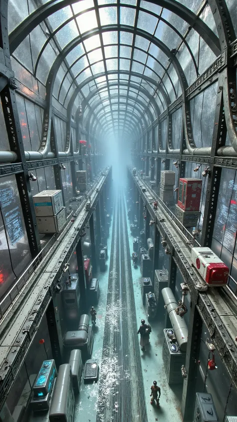 a metropolis city contained inside of a lakebed, the city is enclosed in a glass dome and submerged in the water, the city has tubes leading to the surface to roads and rail connections