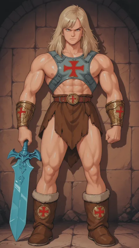 He-Man classic look, Boichi manga style: tan skin, shoulder-length blond hair, iconic gray chest harness with red cross emblem, fur-lined brown loincloth, wide brown belt with circular buckle, fur boots, bronze bracers. Carries the silver Power Sword with ...