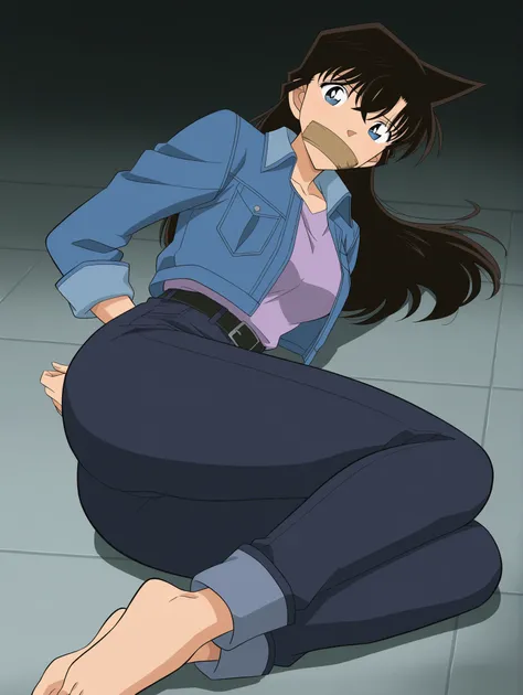 ,masterpiece,best quality,Ran mouri, 1girl, solo, long hair Brown hair, blue eyes, gagged cloth, tape gagged, blue pants, blue open jack, purple shirt under jacket, t ,Ran mouri,1girl,solo,blue denim jacket with rolled-up sleeves over a light purple collar...