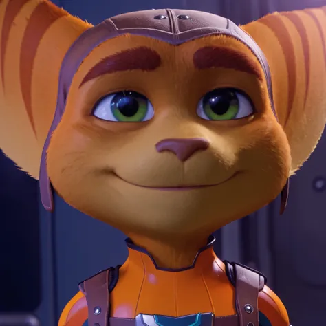 masterpiece, best quality, amazing quality, Ratchet, solo, furry male, green eyes, tail, large pointy ears with brown stripes, brown headwear, thick eyebrows, brown boots, yellow‑orange fur with subtle darker stripes, teal-blue pants, knee padding, brown l...