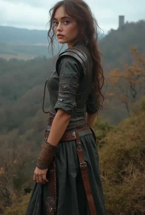 hyperrealistic photo : Ella Purnell, (masterpiece), (Better quality), (photorealistic: 1,5), 8k, detailed skin texture, beautiful detailed young face, complex parts, ((Sexy slender medieval Lara Croft as a witcher)), beautiful, hot, sporty, against the bac...