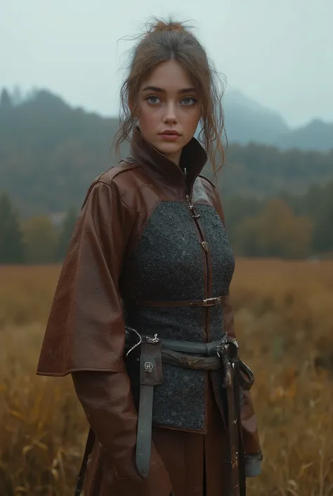 hyperrealistic photo : Ella Purnell, (masterpiece), (Better quality), (photorealistic: 1,5), 8k, detailed skin texture, beautiful detailed young face, complex parts, ((Sexy slender medieval Lara Croft as a witcher)), beautiful, hot, sporty, against the bac...