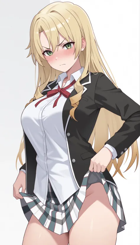soro,masterpiece, or higher, Newest,, blush,I'm angry 、 Miura Yumiko,gradation hair, Blonde,very long hair,green eyes, Sobu high school uniform,black jacket,white shirt,skirt,red ribbon,,black knee-high, , Walliza , 1girl,Skirt Lift,white background