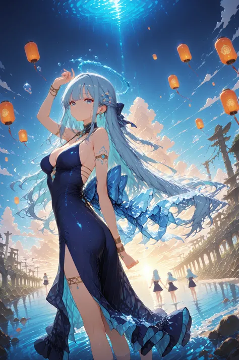 long flowing aqua blue hair, sapphire blue eyes, **deep sea tribe celebrant**, **vibrant underwater festival**, **grand ancient ruins**, surrounded by **joyful tribe members dancing**, wearing **intricately hand-woven costume** adorned with **iridescent p...