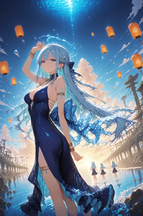 long flowing aqua blue hair, sapphire blue eyes, **deep sea tribe celebrant**, **vibrant underwater festival**, **grand ancient ruins**, surrounded by **joyful tribe members dancing**, wearing **intricately hand-woven costume** adorned with **iridescent p...