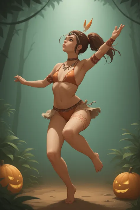 Luan Loud. small breasts, medium hips, slender body, brown hair ponytail, hair tie, long hair, black eyes. pink lips, choker . | aVibrant tribal party at night, multiple identical figures dancing in a circle around a roaring bonfire, non‑transparent trib...