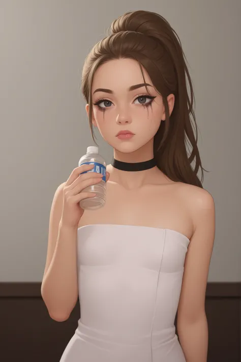 Luan Loud. small breasts, medium hips, slender body, brown hair ponytail, hair tie, long hair, black eyes. pink lips, choker . | Oshi no Ko: Behind the Spotlight, female idol sitting exhausted in makeup room, non‑transparent stage costume (elegant dress o...