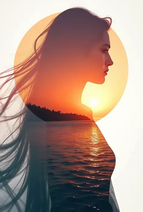High quality，8K Ultra HD，美丽的Doubleexposure，combines the silhouette of the goddess with the sunset coast，The sunset coast should be used as the bottom background，details are incorporated into the goddess's silhouette，Clear lines，The background is monochroma...