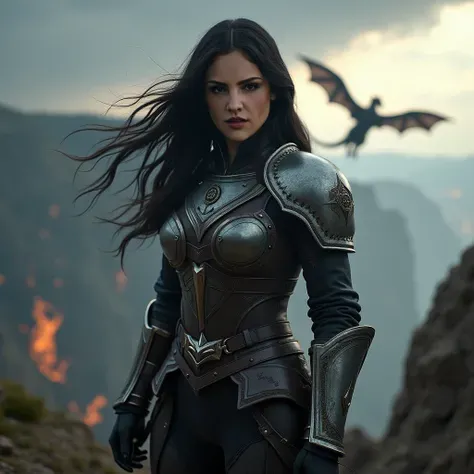 realism, masterpiece, ultra-detailed, (Eiza Gonzalez:1.2) as Mira Sorrengail, confident protective gaze, elegant but battle-ready presence, long dark hair windswept behind her, strong rider physique, wearing an elite Navarrian rider uniform — reinforced le...