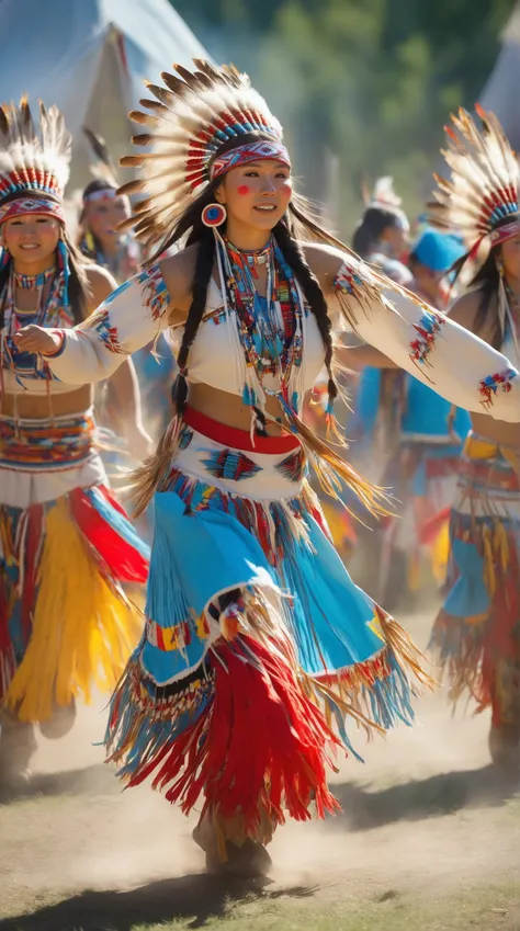 highdefinition images、beautiful native women dancing at a Native American village festival、Beautiful national costumes
