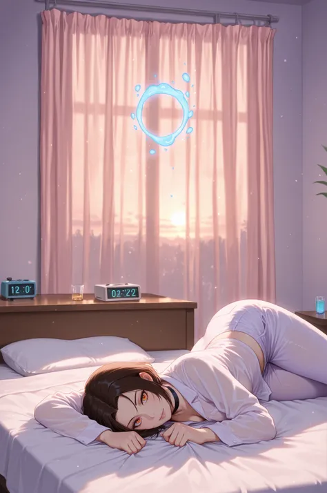 Azula , amber eyes . wavy dark brown hair strands above her shoulders. short hair. small saggy breasts. huge hips. choker. | Between waking and dreaming, young woman lying in bed, soft non‑transparent pajamas (cotton, pastel colors, long sleeves and pant...