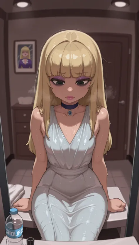 Pacifica Northwest,black eyes, pink lips, flat breasts, skinny, medium hips, long hair, blonde hair, choker,| Oshi no Ko: Behind the Spotlight, female idol sitting exhausted in makeup room, non‑transparent stage costume (elegant dress or coordinated outfit...
