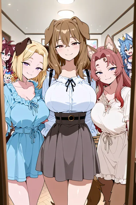 (masterpiece, best quality:1.2), very detailed, anime coloring, 4 girls, monster girls, anime girls, casual clothes, playful, warm smile, into a Petshop interior "Dog's House Inc", expectantly looking at the viewer, different Hairstyles, different hair co...