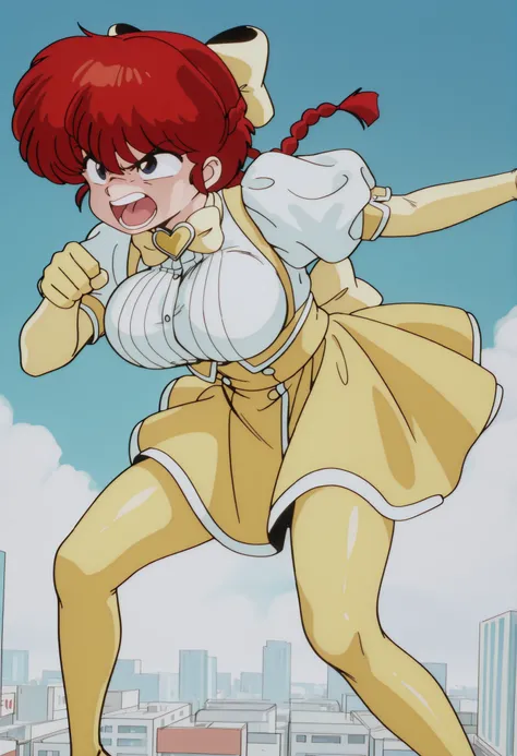 1 girl, ranma saotome, red hair, Hair with a braid, blue eyes, big breasts, NSFW, angry expression, angry, al aire libre, Japanese city, blue sky with white clouds, Ojos detallados, detailed breasts, sexy waist,  sexy hips, cosplay, Mahou Shoujo ni Akogare...