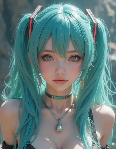 close up (hyperrealistic) The ((Hatsune Miku)),rostro hermoso,hair ((verThe esmeralda)),((very long twin pigtails)),eyes granThes,eyes ((verThe esmeralda ultraThetallados)),Thetalles finos en el rostro,pestañas largas y Thefinidas,textura realista The piel...