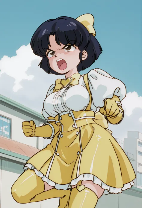 1 girl, tendou akane, dark blue hair, short hair, dark brown eyes, medium breasts, NSFW, angry expression, angry, al aire libre, Japanese city, blue sky with white clouds, Ojos detallados, detailed breasts, sexy waist,  sexy hips, cosplay, Mahou Shoujo ni ...
