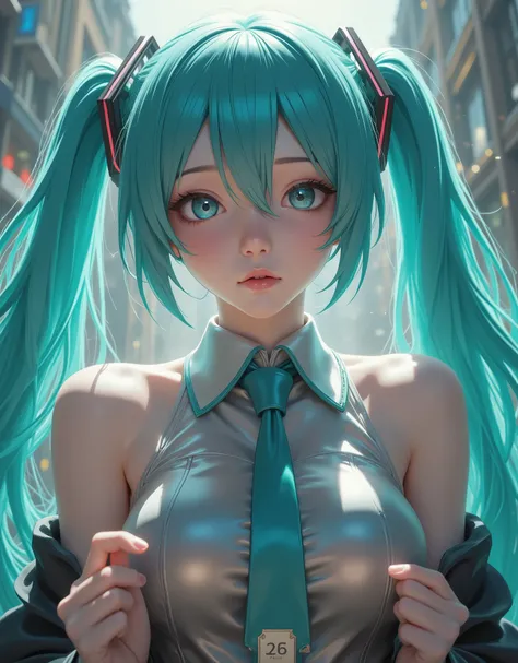 low angle (hyperrealistic) The ((Hatsune Miku)),rostro hermoso,hair ((verThe esmeralda)),((very long twin pigtails)),eyes granThes,eyes ((verThe esmeralda ultraThetallados)),Thetalles finos en el rostro,pestañas largas y Thefinidas,textura realista The pi...