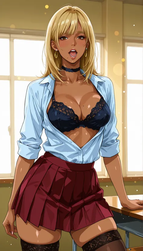 score_9,score_8_up,score_7_up,high resolution, detailed art,(realistic:0a.15),high quality, bokeh BREAK cowboy shot,k1r7u artstyle, A woman, girl, blonde hair, medium hair, slim body, gyaru, (brown skin), eyelashes, thick eyebrows, medium breasts, (bouncin...