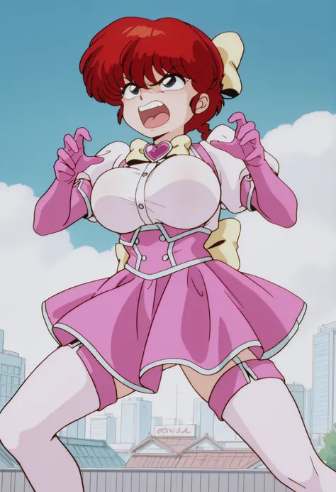 1 girl, ranma saotome, red hair, Hair with a braid, blue eyes, big breasts, NSFW, angry expression, angry, al aire libre, Japanese city, blue sky with white clouds, Ojos detallados, detailed breasts, sexy waist,  sexy hips, cosplay, Mahou Shoujo ni Akogare...