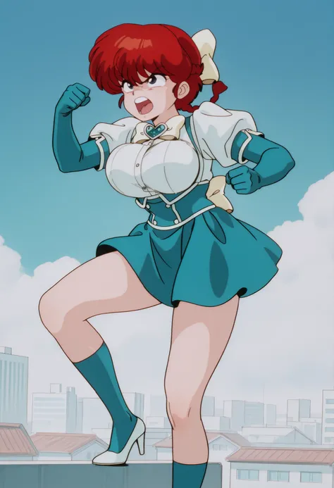 1 girl, ranma saotome, red hair, Hair with a braid, blue eyes, big breasts, NSFW, angry expression, angry, al aire libre, Japanese city, blue sky with white clouds, Ojos detallados, detailed breasts, sexy waist,  sexy hips, cosplay, Mahou Shoujo ni Akogare...