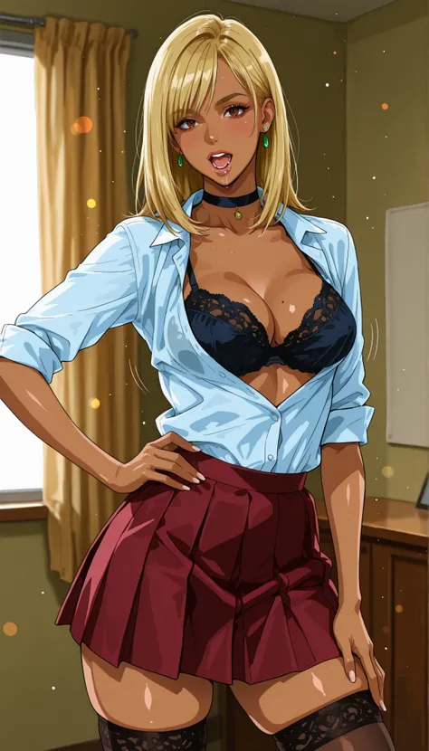 score_9,score_8_up,score_7_up,high resolution, detailed art,(realistic:0a.15),high quality, bokeh BREAK cowboy shot,k1r7u artstyle, A woman, girl, blonde hair, medium hair, slim body, gyaru, (brown skin), eyelashes, thick eyebrows, medium breasts, (bouncin...