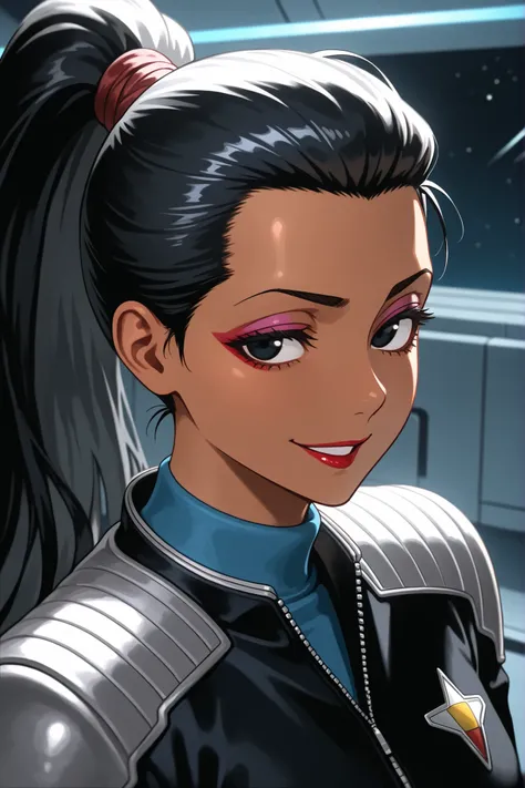 Masterpiece, highly detailed, beautiful African American woman, character, Star Trek, darker skin, thin eyebrows, makeup and lipstick, chiseled facial features, black eyes, tarume eyes, friendly smile, black hair, messy high ponytail, ds9st,black and grey ...