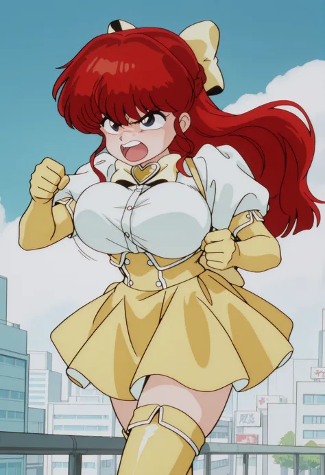1 girl, ranma saotome, red hair, Hair with a braid, blue eyes, big breasts, NSFW, angry expression, angry, al aire libre, Japanese city, blue sky with white clouds, Ojos detallados, detailed breasts, sexy waist,  sexy hips, cosplay, Mahou Shoujo ni Akogare...