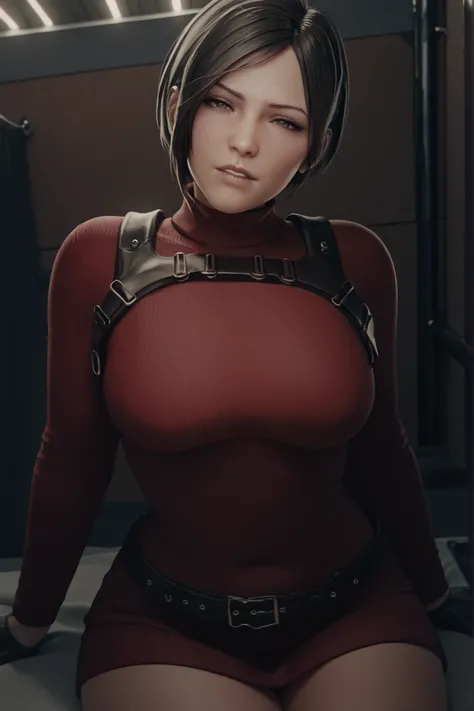 adasweater, black hair, short hair, black eyes, red sweater, turtleneck, harness, pantyhose, black gloves, belt, looking at viewer, breasts, half closed eyes, head tilt, biting lip, indoors