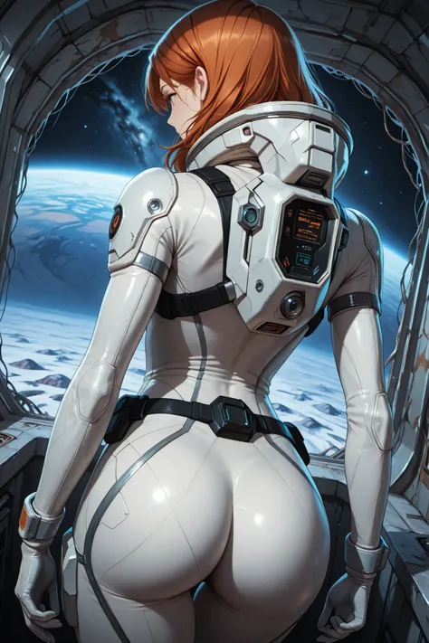 high resolution images, masterpiece, Highest Quality, amazing quality, official art, Highly detailed, Wallpaper, 1 girl, slim frame, A very attractive and slim woman wearing a tight spacesuit walks in an abandoned planet, view from behind, ass, dynamic ang...