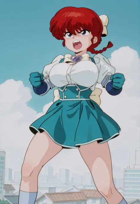1 girl, ranma saotome, red hair, Hair with a braid, blue eyes, big breasts, NSFW, angry expression, angry, al aire libre, Japanese city, blue sky with white clouds, Ojos detallados, detailed breasts, sexy waist,  sexy hips, cosplay, Mahou Shoujo ni Akogare...