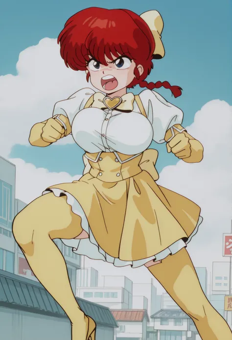 1 girl, ranma saotome, red hair, braided hair, Hair with a braid, blue eyes, big breasts, NSFW, angry expression, angry, al aire libre, Japanese city, blue sky with white clouds, Ojos detallados, detailed breasts, sexy waist,  sexy hips, cosplay, Mahou Sho...