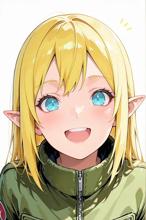 Naruto with elf's ears, happy face, yellow hair, blue eyes