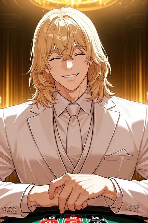 1 male, alone, handsome, muscular, medium hair, blonde hair, bangs between the eyes, happy squinting closed eyes, playful smile, niceful impression, fake, white suit, composed pose, gambling, head up, upper body, looking at viewer, boss vibes, mafia scener...