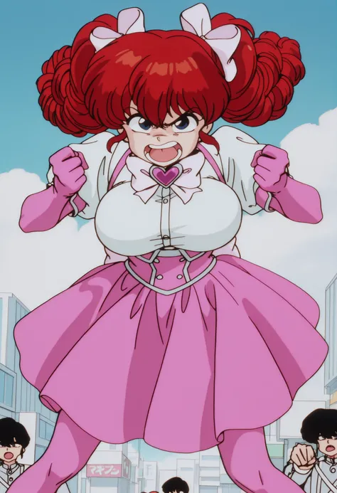 1 girl, ranma saotome, red hair, Hair with high ponytails with large drill-type spiral curls, symmetrical, split bangs and loose locks framing the face, blue eyes, big breasts, NSFW, angry expression, angry, al aire libre, Japanese city, blue sky with whit...