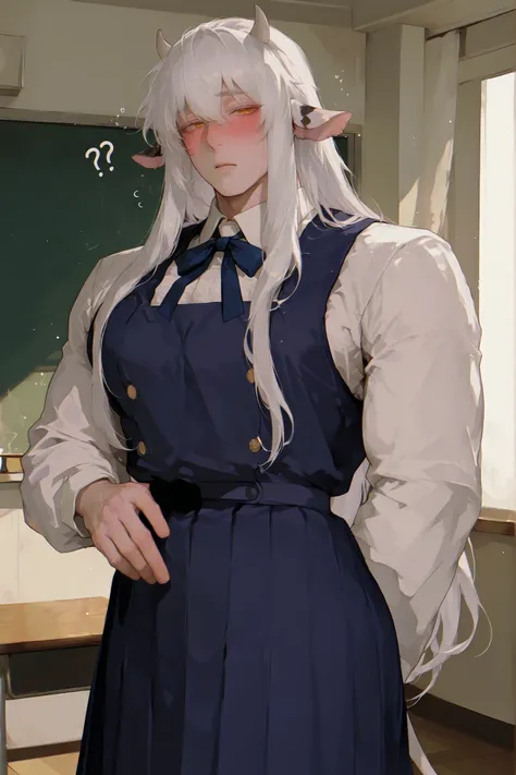 (Only a cow) A chubby semi-human dairy cow, very long white hair, low column, small dairy cow horns,  dairy cow ears,  Young Beautiful Face , beautiful body,    soft skin ,    soft body    ,large pectoral muscles ,  Toned hips , tender eyes, confused blush...