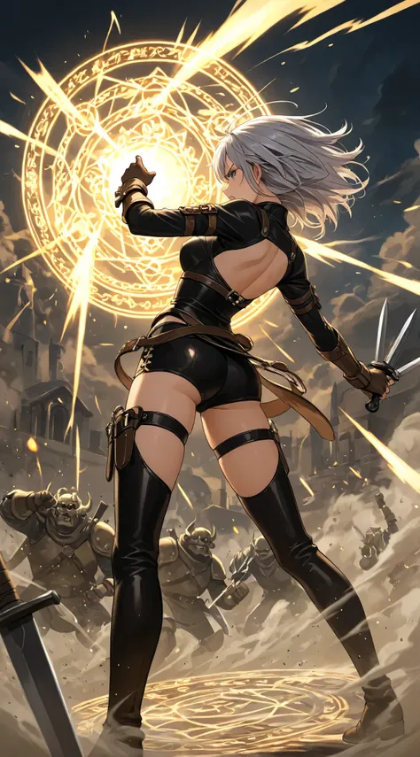 top quality, Like a Picture, RAW pictures, combative silver-haired woman, short silver hair, hair messy due to intense action, moment fighting monster, Avoidance Action, Twirling figure, feminine soft figure, revealing warrior costume, leather tops , shoul...