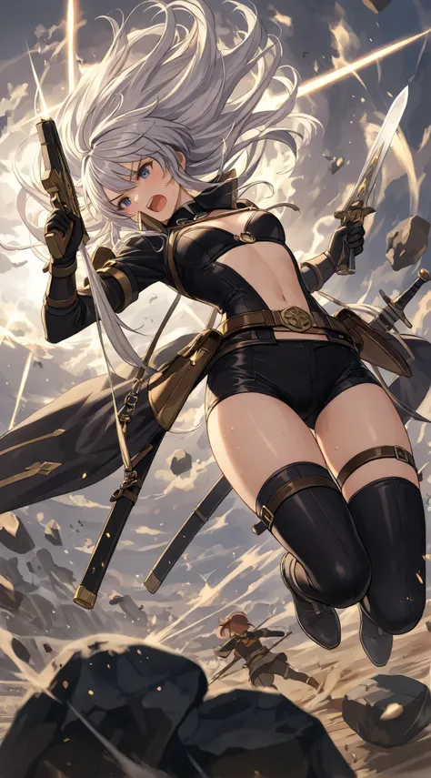 masterpiece, top quality, detailed description, Silver-Haired Female Adventurer, Battle Action, The moment you defeat an enemy, long silver hair, Hair Fluttering in the Wind, Jumping Figure,  Aerial Poses , natural body, Highly Exposing Battle Suits, Costu...